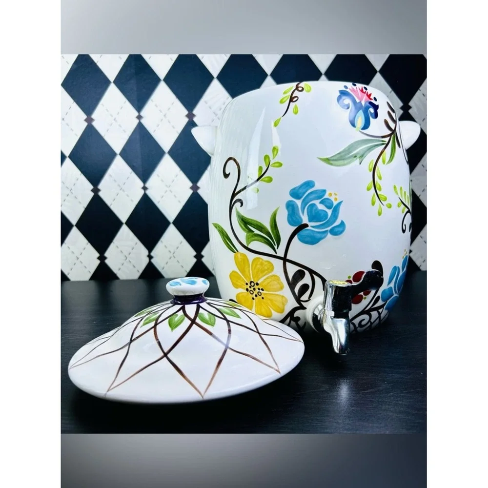 Oversized Floral Drink Dispenser 2 Gallon Ceramic Jardine‎ Drink Server & Lid
